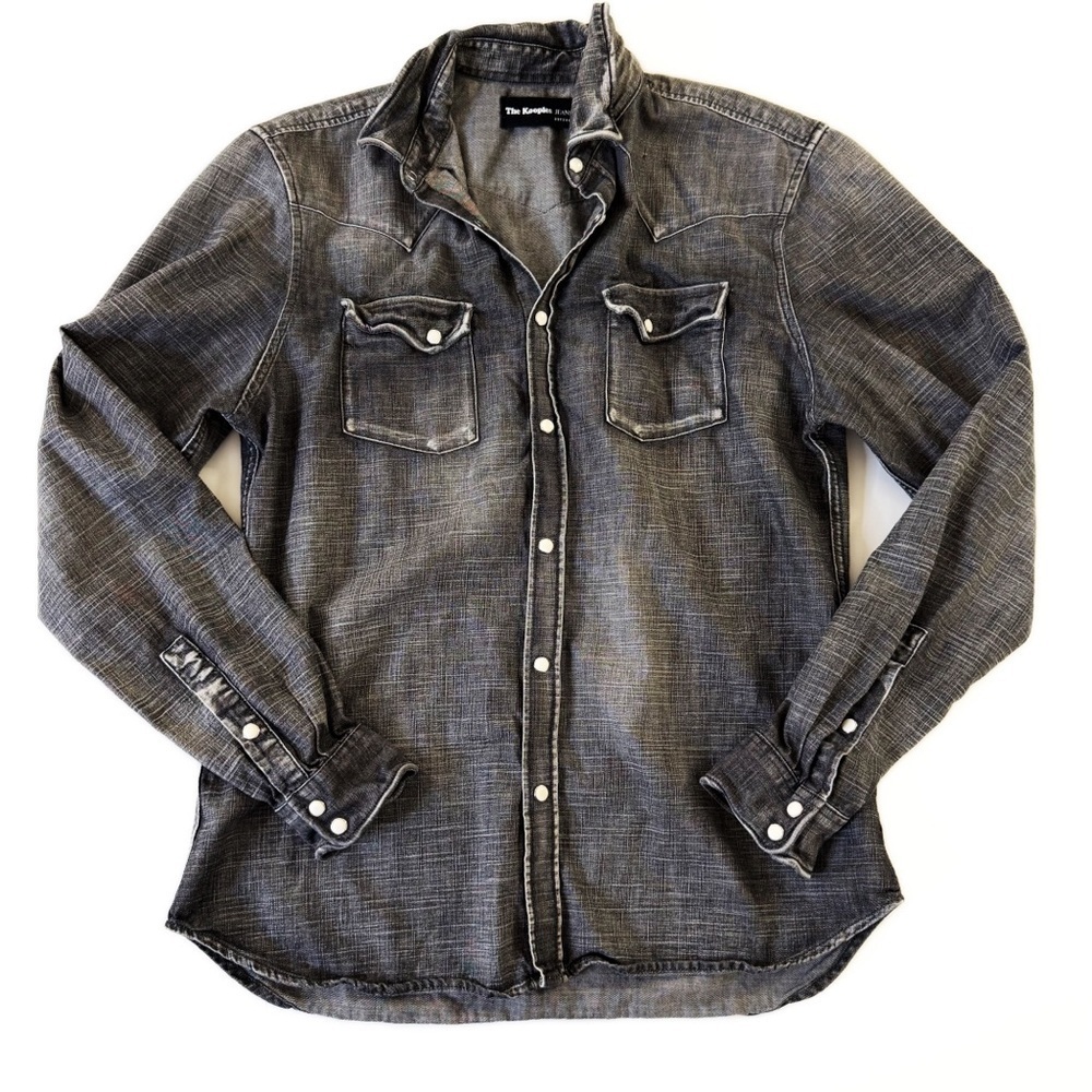 The Kooples Jeans Shirt Mens Large Acid Wash Gray Pearl Snap Button Down Western